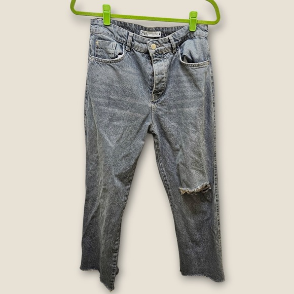 Zara Woman Jeans Size 8 Blue Denim Distressed Ripped Hem Crop Straight Leg - Picture 1 of 11